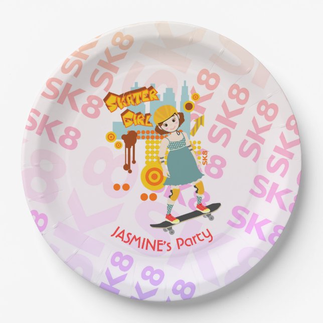 Plato De Papel Fiesta de cumpleaños del Chica de Skater Park (Anverso)