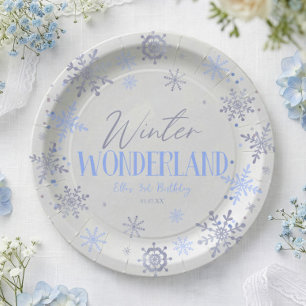 Plato De Papel Fiesta de cumpleaños del copo de nieve azul Winter