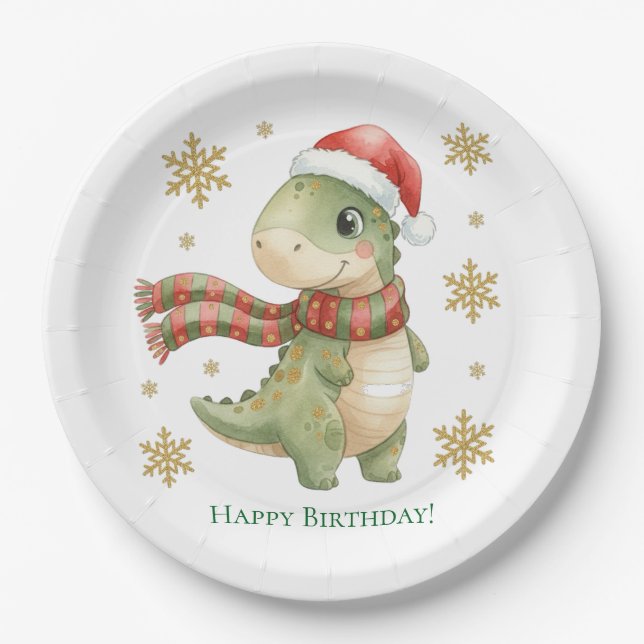Plato De Papel Fiesta de cumpleaños del dinosaurio de Navidad (Anverso)