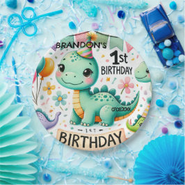 Plato De Papel Fiesta de Cumpleaños del Dinosaurio Dino 1er Anive