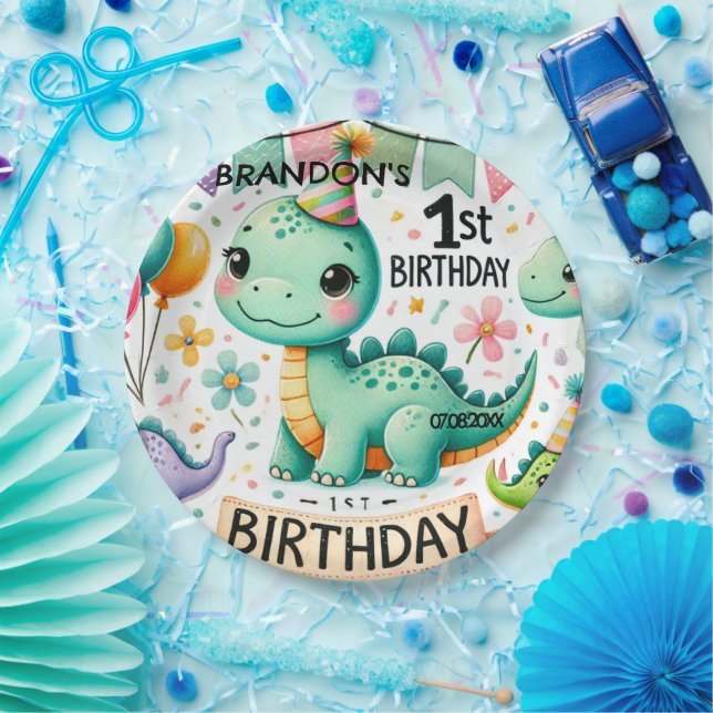 Plato De Papel Fiesta de Cumpleaños del Dinosaurio Dino 1er Anive (Fiesta)