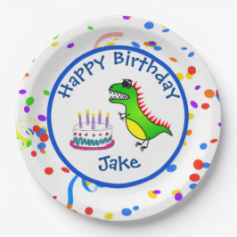 Plato De Papel Fiesta de cumpleaños del dinosaurio y de la torta
