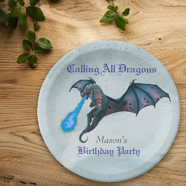 Plato De Papel Fiesta de cumpleaños del Dragón Azul