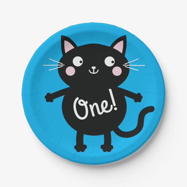 Plato De Papel Fiesta de cumpleaños del gato (Anverso)