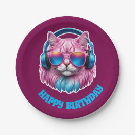 Plato De Papel Fiesta de cumpleaños del gato rosado
