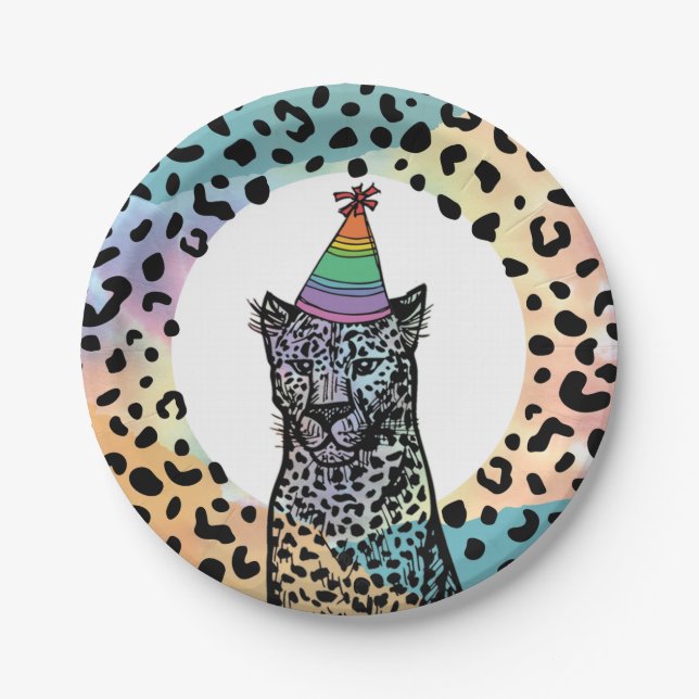Plato De Papel Fiesta de cumpleaños del leopardo del arcoiris (Anverso)