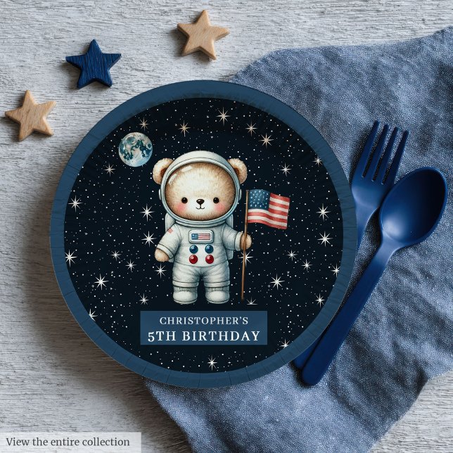 Plato De Papel Fiesta de cumpleaños del primer astronauta del oso (Retro Teddy Bear Astronaut First Birthday Party Paper Plates )