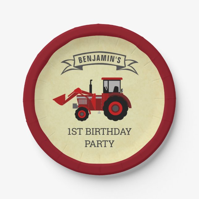 Plato De Papel Fiesta de cumpleaños del Tractor de la Granja Roja (Anverso)