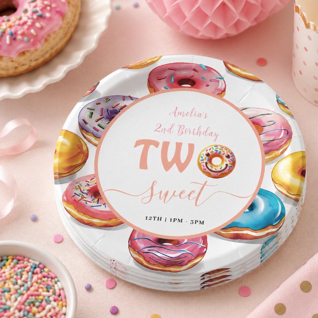 Plato De Papel Fiesta de cumpleaños Dos Donuts Dulces 2do (Two Sweet Donuts 2nd Birthday party Paper Plates)