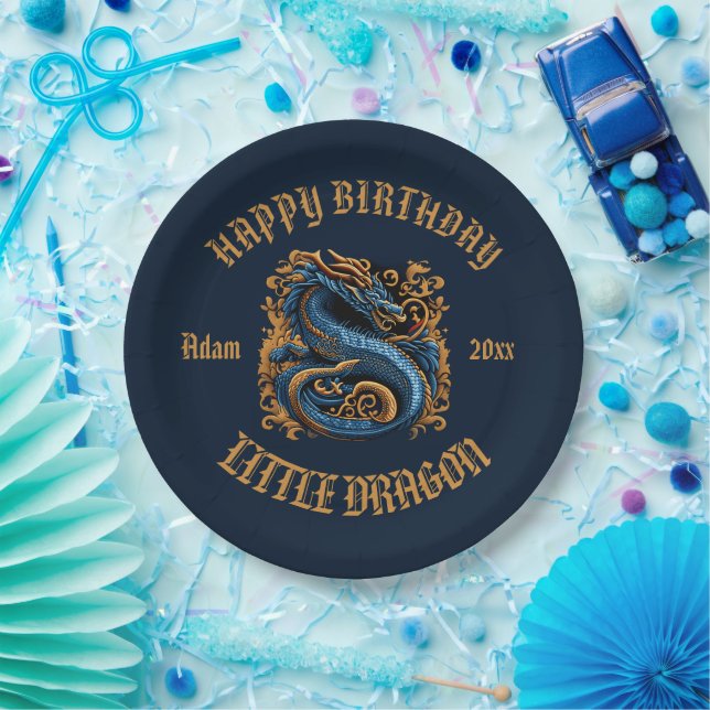 Plato De Papel Fiesta de cumpleaños Dragon Blue y Gold (Fiesta)
