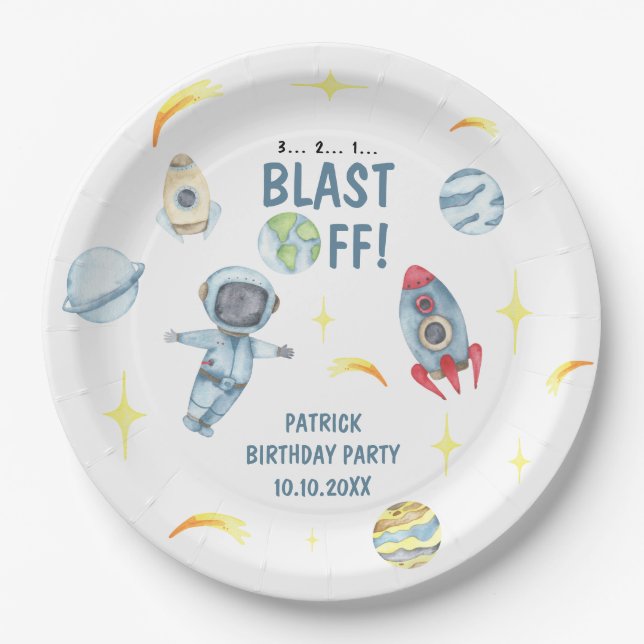 Plato De Papel Fiesta de cumpleaños espacial astronauta (Anverso)