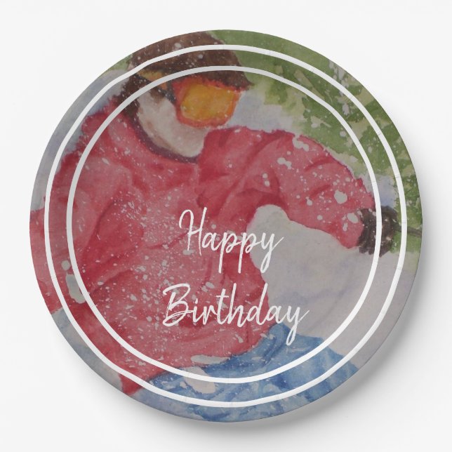 Plato De Papel Fiesta de cumpleaños feliz de Down Hill Skiper (Anverso)