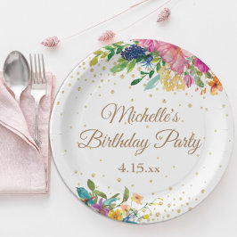 Plato De Papel Fiesta de cumpleaños floral amarilla rosa azul