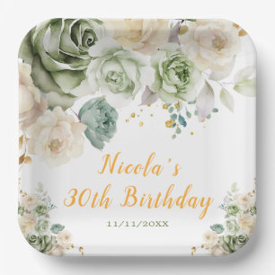 Plato De Papel Fiesta de cumpleaños floral de Sage Green y Cream