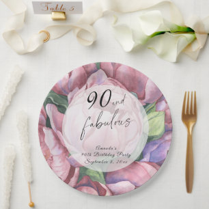Plato De Papel Fiesta de cumpleaños floral vintage de 90 años
