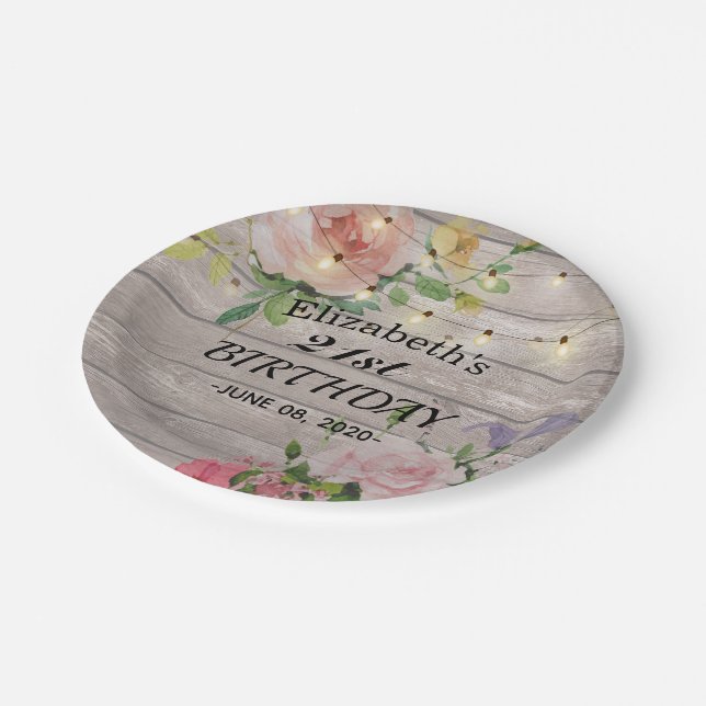 Plato De Papel Fiesta de Cumpleaños Flores Rústicas de Madera Ilu (Angular)