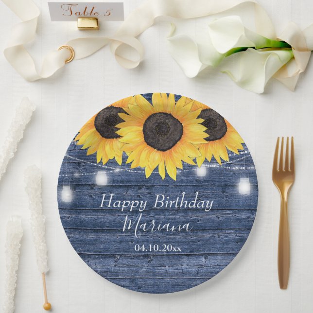 Plato De Papel Fiesta de Cumpleaños Flores Rústicas Girasoles Azu (Boda)