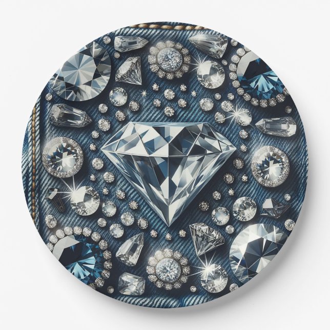 Plato De Papel Fiesta de Cumpleaños Glam Bling Denim & Diamonds (Anverso)