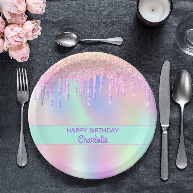 Plato De Papel Fiesta de cumpleaños holográfica rosa (Subido por el creador)