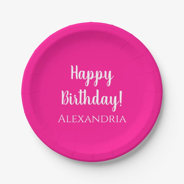 Plato De Papel Fiesta de cumpleaños Hot Pink personalizado (Anverso)