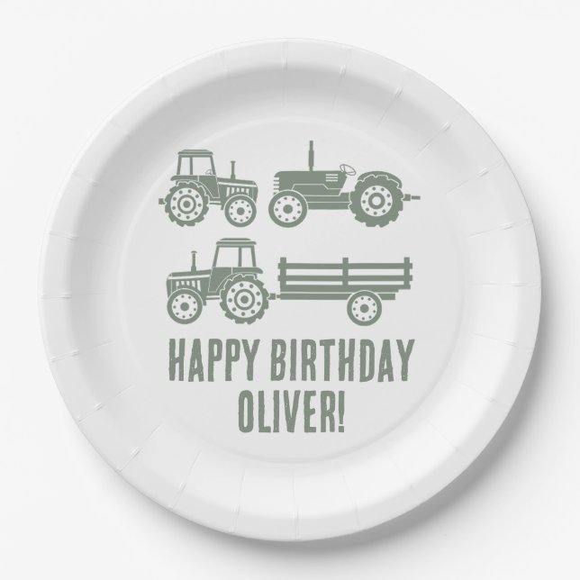 Plato De Papel Fiesta de Cumpleaños Infantil Tractor Moderno  (Anverso)