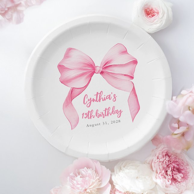 Plato De Papel Fiesta de cumpleaños lindo Bow rosado (Pink Bow Birthday Paper Plates)