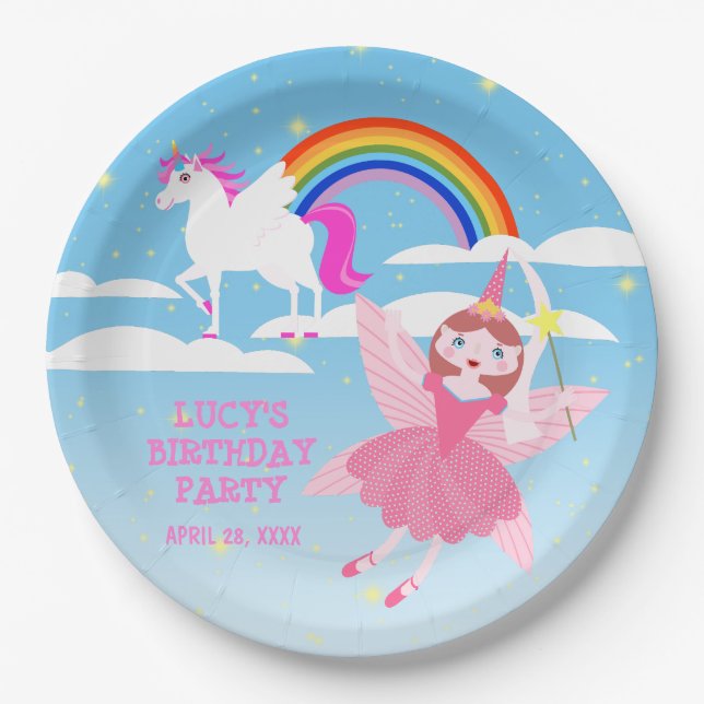 Plato De Papel Fiesta de cumpleaños mágico de unicornio y hadas (Anverso)