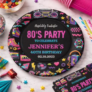 Plato De Papel Fiesta de Cumpleaños Moderna Retro Neon de los 80 