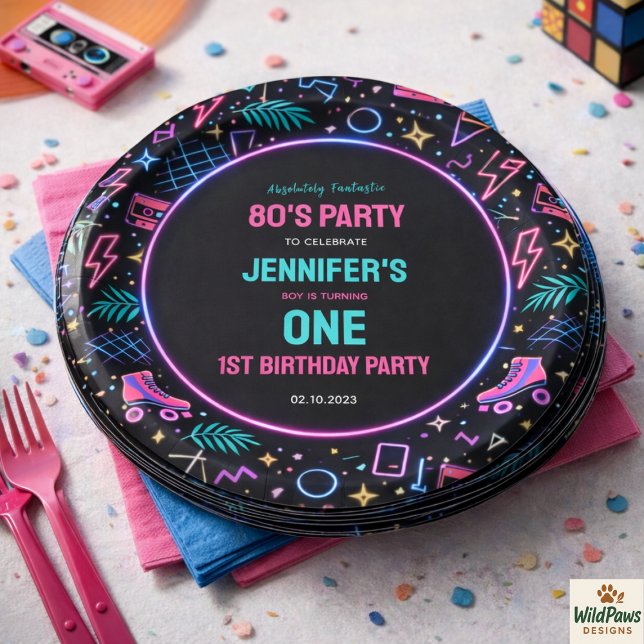 Plato De Papel Fiesta de Cumpleaños Moderno Retro Neon de los 80  (Modern Retro Neon 80’s 1st Birthday Party Paper Plates
)
