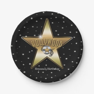 Plato De Papel Fiesta de Cumpleaños Negra Hollywood Gold Star