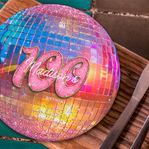 Plato De Papel Fiesta de Cumpleaños número 100 Bola de Discoteca