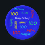 Plato De Papel Fiesta de cumpleaños número 100, nombre repetitivo<br><div class="desc">Qué plato de papel maravilloso y personalizado para una fiesta de cumpleaños número 100 o cualquier otra ocasión. El nombre y la edad se repiten en diferentes tipos de letra y colores primarios en un fondo azul brillante. Fácil de personalizar: simplemente CAMBIAR NOMBRE, EDAD y OCASIÓN EN UN SOLO LUGAR....</div>