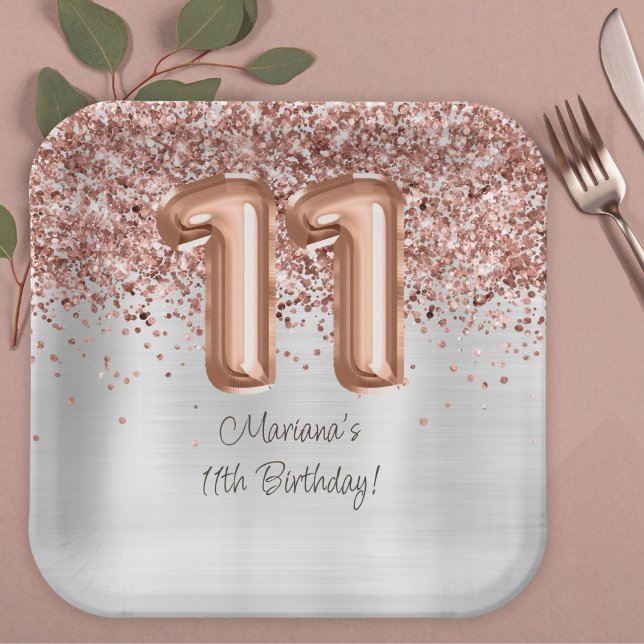 Plato De Papel Fiesta de cumpleaños número 11 de Rose Gold Silver (Subido por el creador)