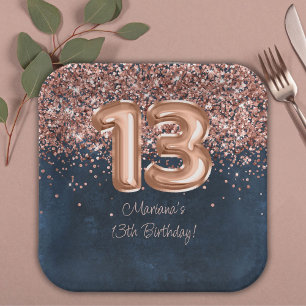 Plato De Papel Fiesta de cumpleaños número 13 Rose Gold Navy Blue