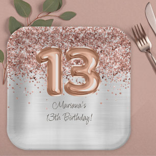 Plato De Papel Fiesta de cumpleaños número 13 Rose Gold Silver