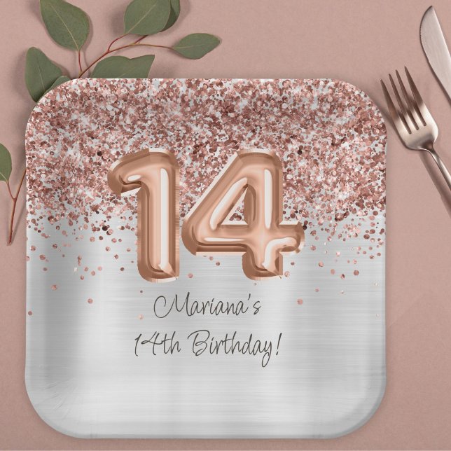 Plato De Papel Fiesta de cumpleaños número 14 de Rose Gold Silver (Subido por el creador)