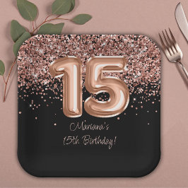Plato De Papel Fiesta de cumpleaños número 15 del Rosa Gold Black