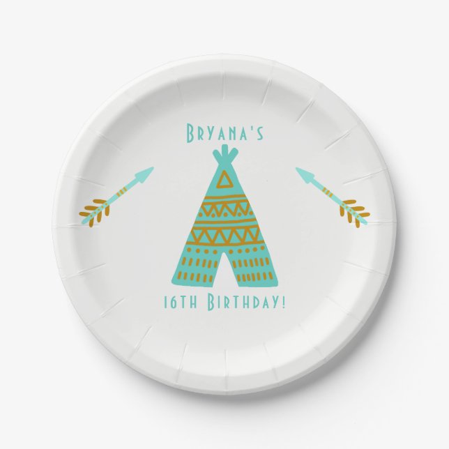 Plato De Papel Fiesta de cumpleaños número 16 dulce tipi turquesa (Anverso)