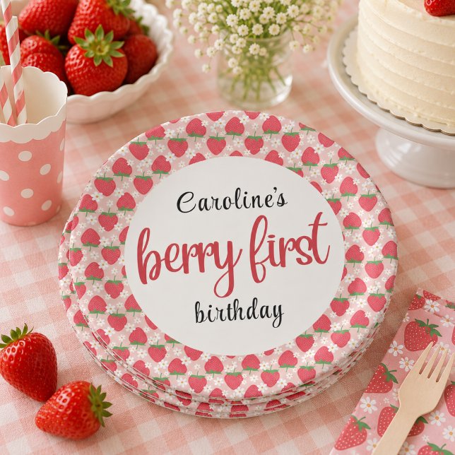 Plato De Papel Fiesta de cumpleaños número 1 Berry Sweet Strawber (Berry Sweet Strawberry 1st Birthday Party Paper Plates)
