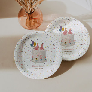 Plato De Papel Fiesta de cumpleaños número 1 de Pastel Bunny Twin