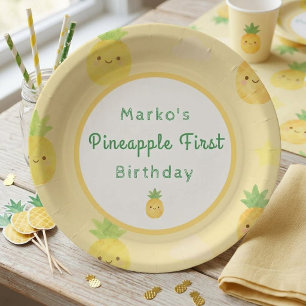 Plato De Papel Fiesta de cumpleaños número 1 de piña en acuarela