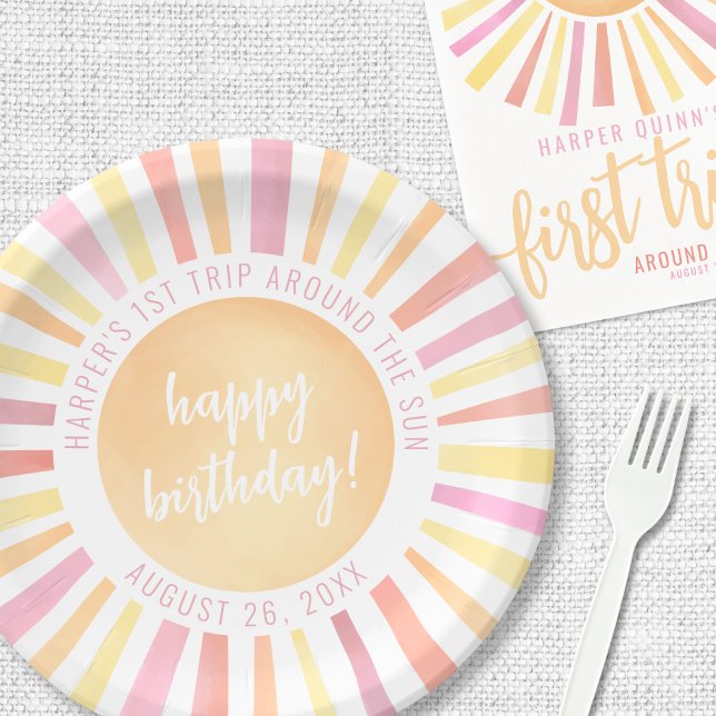 Plato De Papel Fiesta de Cumpleaños número 1 de Sunshine Pink Sun (Sunshine Pink Sun 1st Birthday Party Paper Plates)
