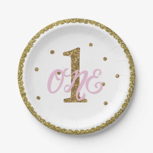 Plato De Papel Fiesta de cumpleaños número 1 ONE Pink & Gold Glit
