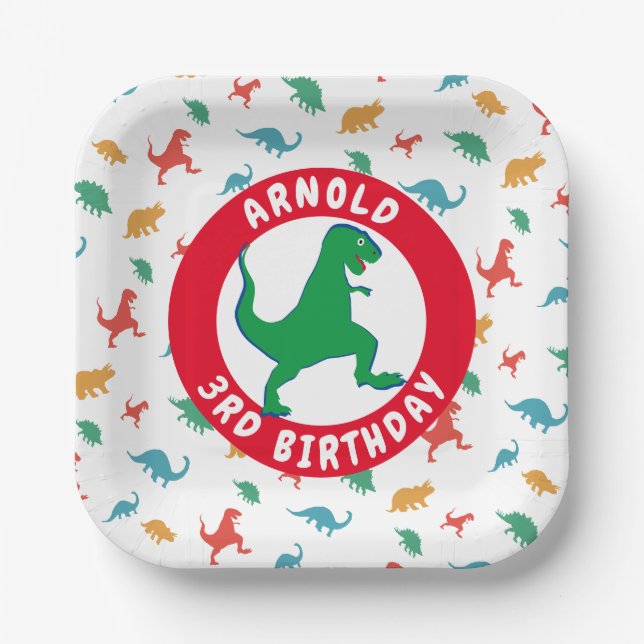 Plato De Papel Fiesta de cumpleaños número 3 con patrón de dinosa (Anverso)