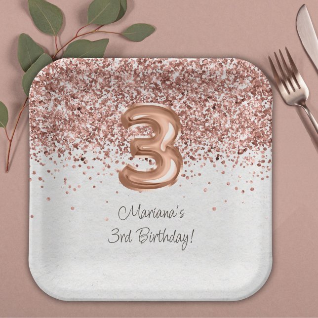Plato De Papel Fiesta de cumpleaños número 3 de Rose Gold (Subido por el creador)