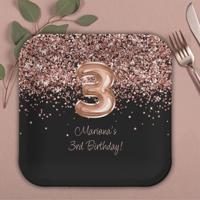 Plato De Papel Fiesta de cumpleaños número 3 de Rose Gold Black (Subido por el creador)