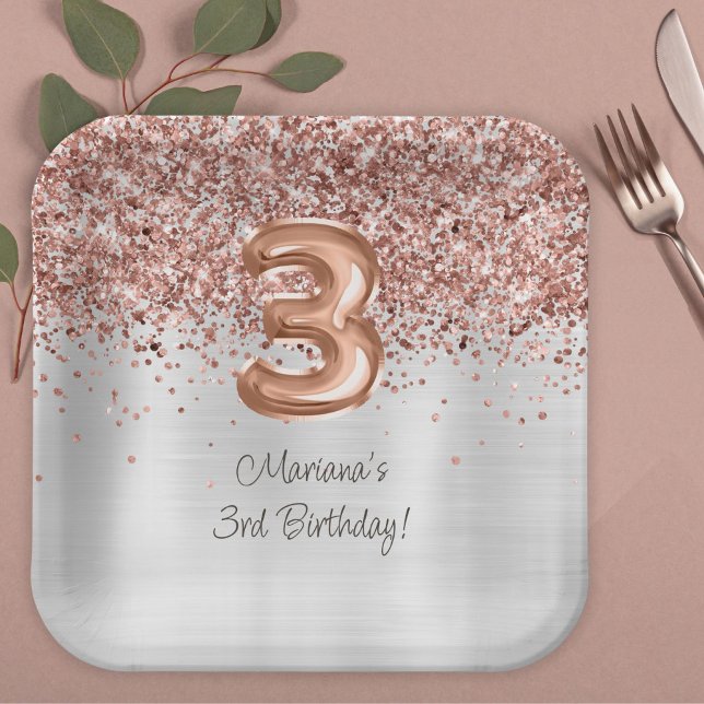 Plato De Papel Fiesta de cumpleaños número 3 de Rose Gold Silver (Subido por el creador)