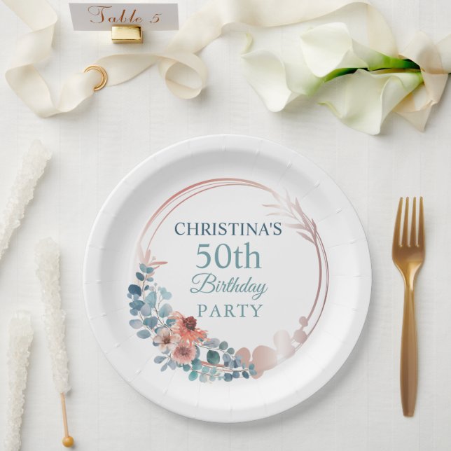 Plato De Papel Fiesta de cumpleaños número 50 de Rustic Copper Bl (Boda)