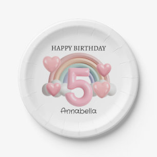 Plato De Papel Fiesta de cumpleaños número 5 de Rainbow and Heart