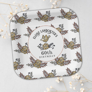 Plato De Papel Fiesta de cumpleaños número 60 de Aves y Flores